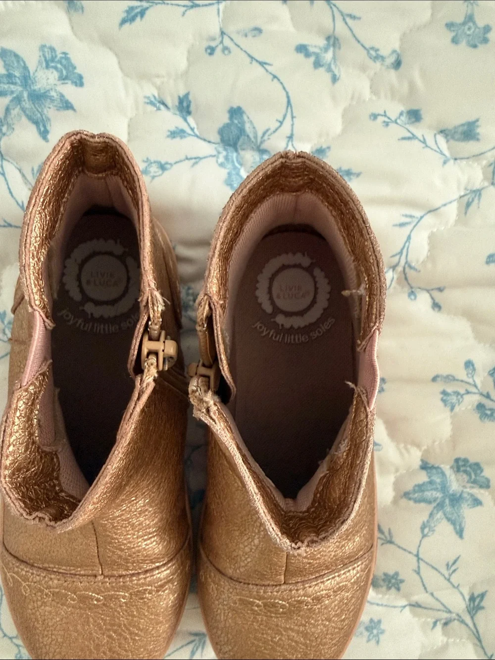 Livie & Luca Metallic Rose Gold Toddler Boots with Pink Flower